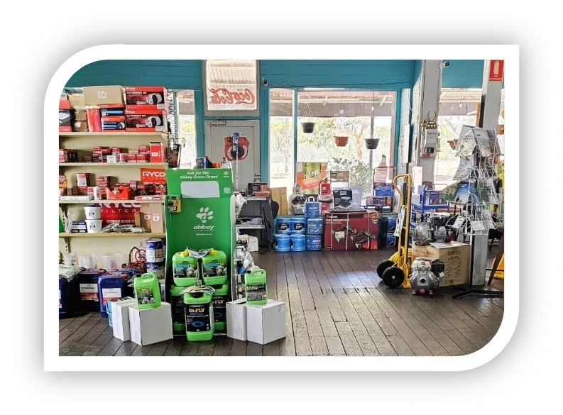 Display at shop featuring gardening tools