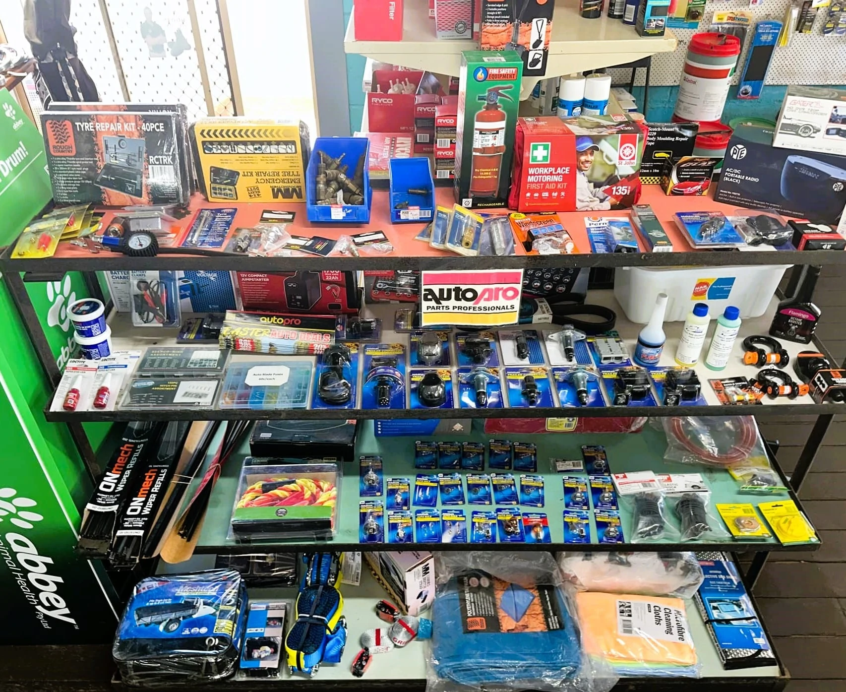 Variety of auto parts in a shelf