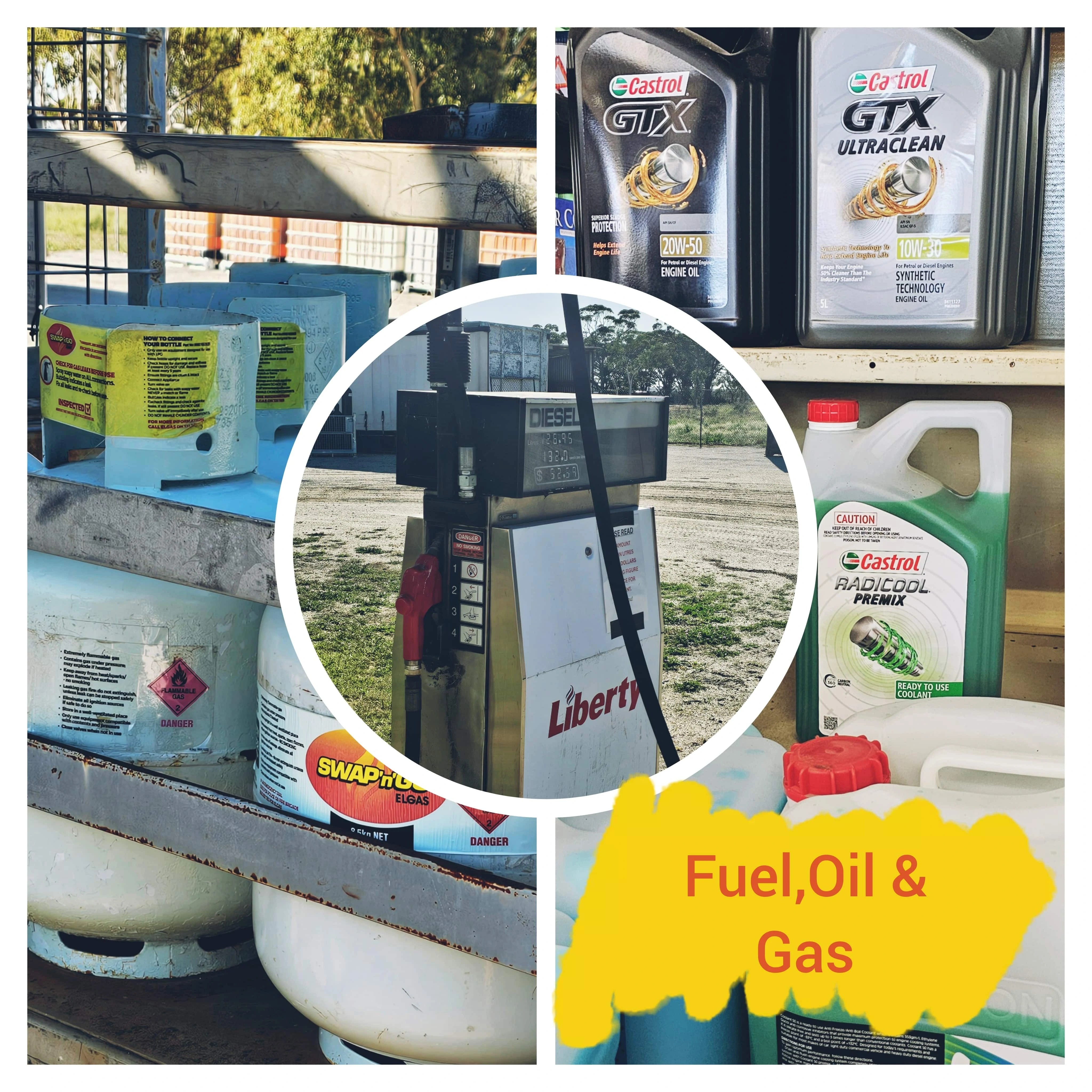 Fuel oil and gas available for sale, displayed in containers at a service station.